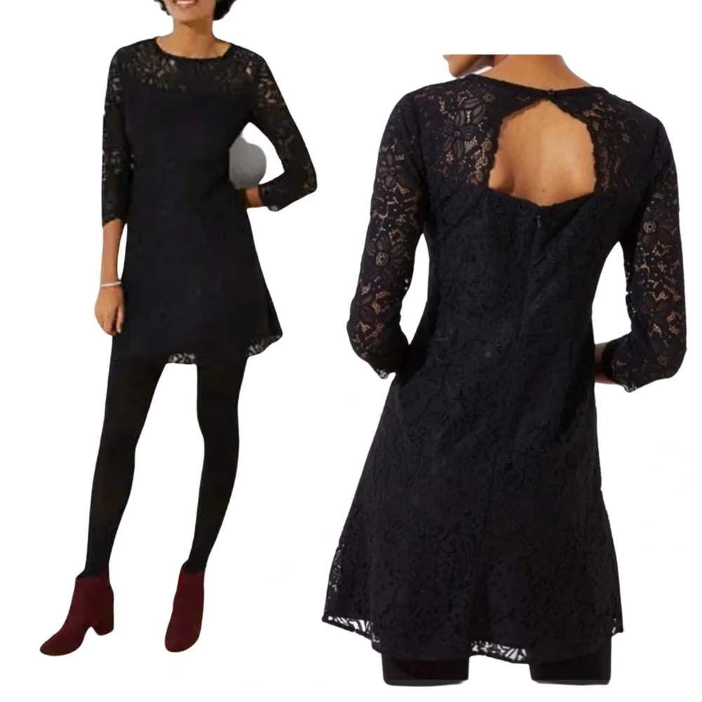 LOFT Black Lace with Cutout Back Long Sleeve Mini Dress Tall size 10 Tall - Picture 16 of 16